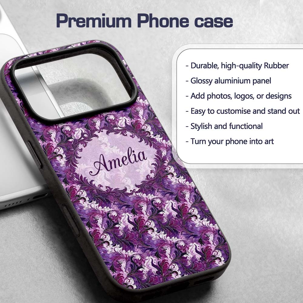 Purple and Magenta Artistic Floral Swirl Pattern Custom Name Protective Phone Case Mobile Cover Durable Everyday Smartphone Shock Resistant