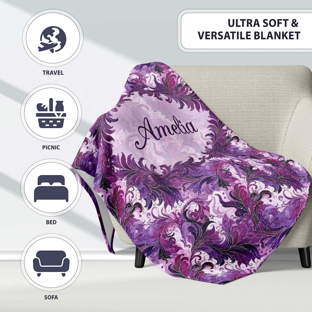 Purple and Magenta Artistic Floral Swirl Pattern Seamless  Personalised Custom Name Super Soft Fleece Blanket Bed Sofa Throw