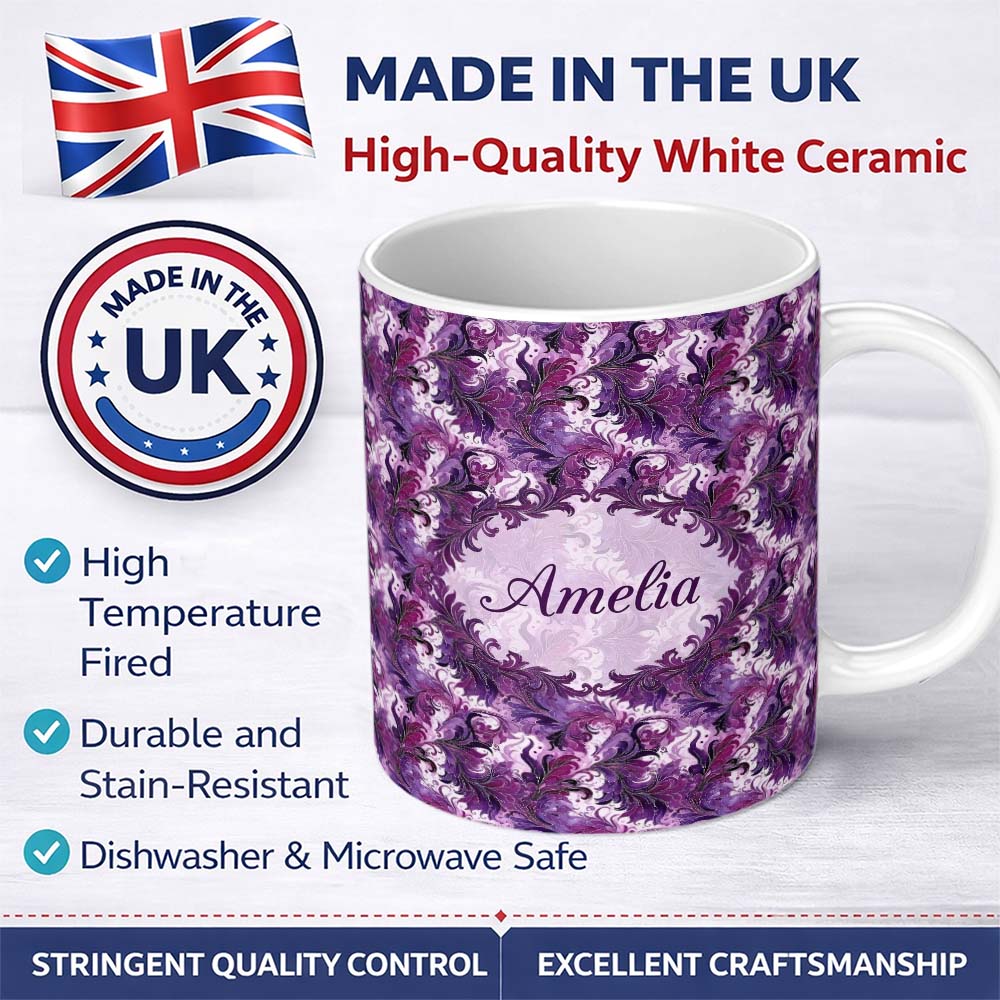 Personalized Custom Name Purple and Magenta Artistic Floral Swirl Pattern Seamless 11oz Ceramic Coffee Tea Mug White Large Handle