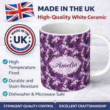Personalized Custom Name Purple and Magenta Artistic Floral Swirl Pattern Seamless 11oz Ceramic Coffee Tea Mug White Large Handle