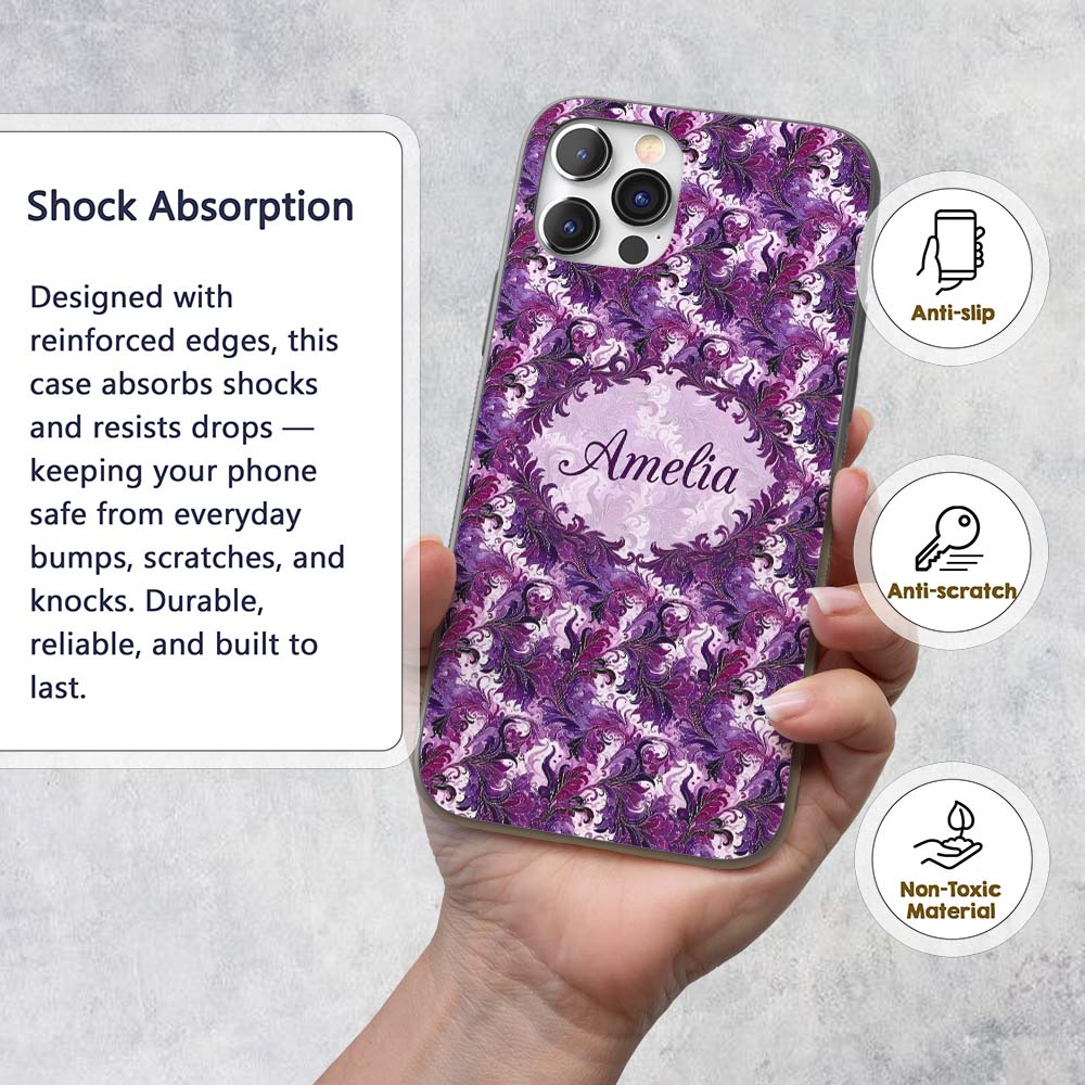 Purple and Magenta Artistic Floral Swirl Pattern Custom Name Protective Phone Case Mobile Cover Durable Everyday Smartphone Shock Resistant