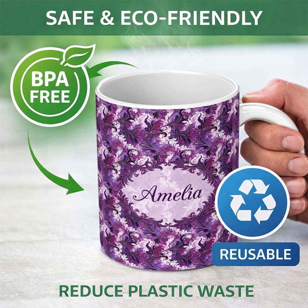 Personalized Custom Name Purple and Magenta Artistic Floral Swirl Pattern Seamless 11oz Ceramic Coffee Tea Mug White Large Handle