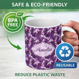 Personalized Custom Name Purple and Magenta Artistic Floral Swirl Pattern Seamless 11oz Ceramic Coffee Tea Mug White Large Handle