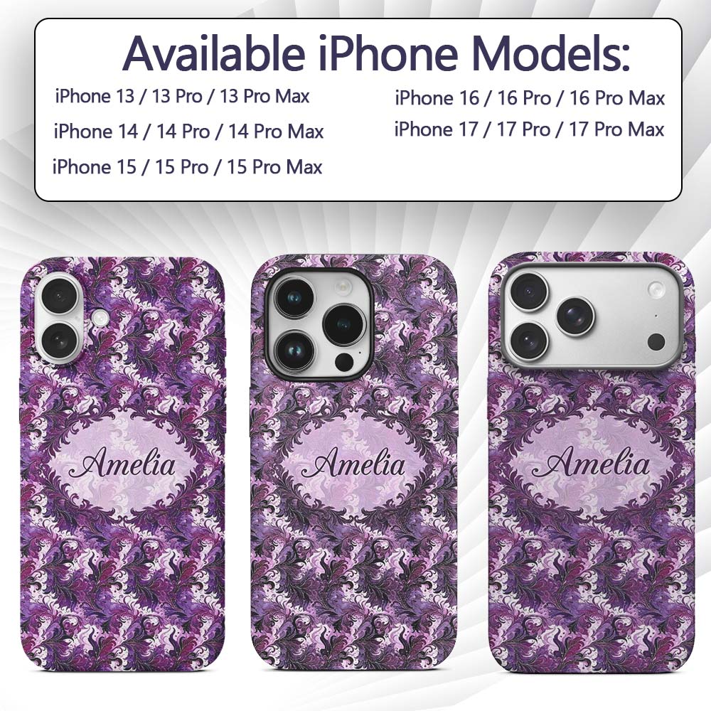 Purple and Magenta Artistic Floral Swirl Pattern Custom Name Protective Phone Case Mobile Cover Durable Everyday Smartphone Shock Resistant