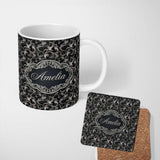 Personalized Custom Name Silver and Black Luxury Baroque Floral Pattern Seamless Elegant 11oz Ceramic Coffee Tea Mug White Large Handle