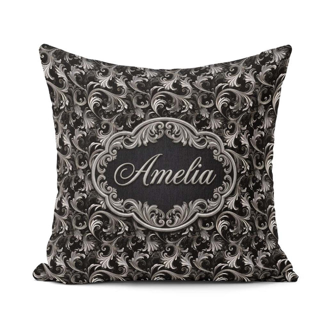 Custom Name Silver Black Luxury Baroque Pattern Seamless Elegant Square Filled Cushion Throw Pillow Sofa Bed Home Decor Zip Washable UK Made
