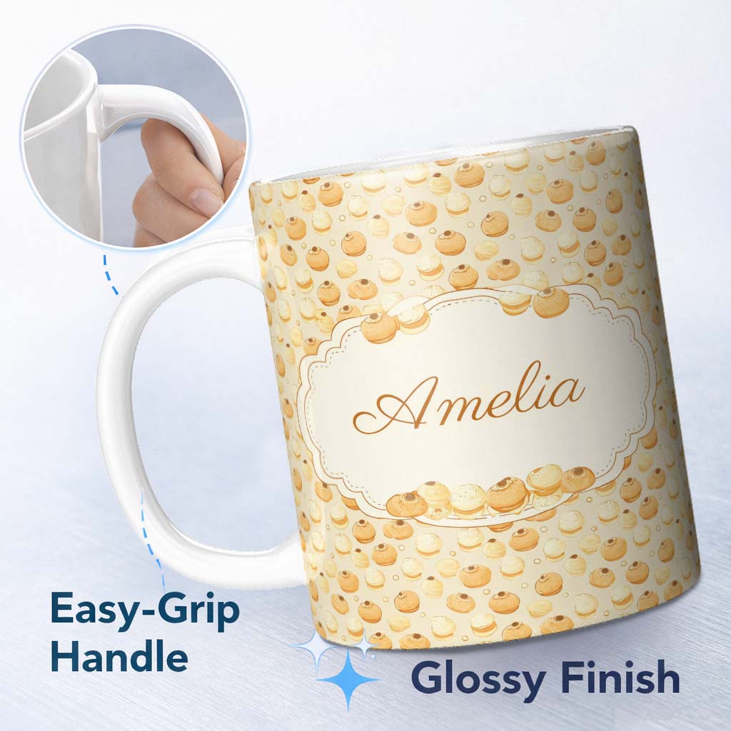 Personalized Custom Name Tea Party Dessert and Cake Vintage Seamless Pattern Cute Unique Gift 11oz Ceramic Coffee Tea Mug White Large Handle