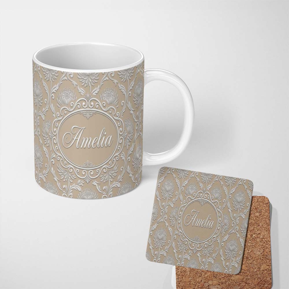 Personalized Custom Name Gold Floral Ornament Pattern on Soft Grey Background Seamless 11oz Ceramic Coffee Tea Mug White Large Handle