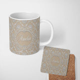 Personalized Custom Name Gold Floral Ornament Pattern on Soft Grey Background Seamless 11oz Ceramic Coffee Tea Mug White Large Handle
