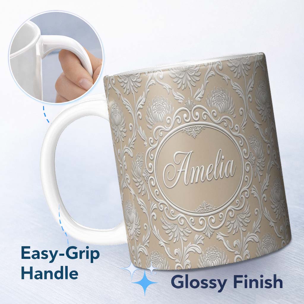 Personalized Custom Name Gold Floral Ornament Pattern on Soft Grey Background Seamless 11oz Ceramic Coffee Tea Mug White Large Handle