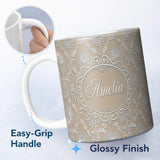 Personalized Custom Name Gold Floral Ornament Pattern on Soft Grey Background Seamless 11oz Ceramic Coffee Tea Mug White Large Handle