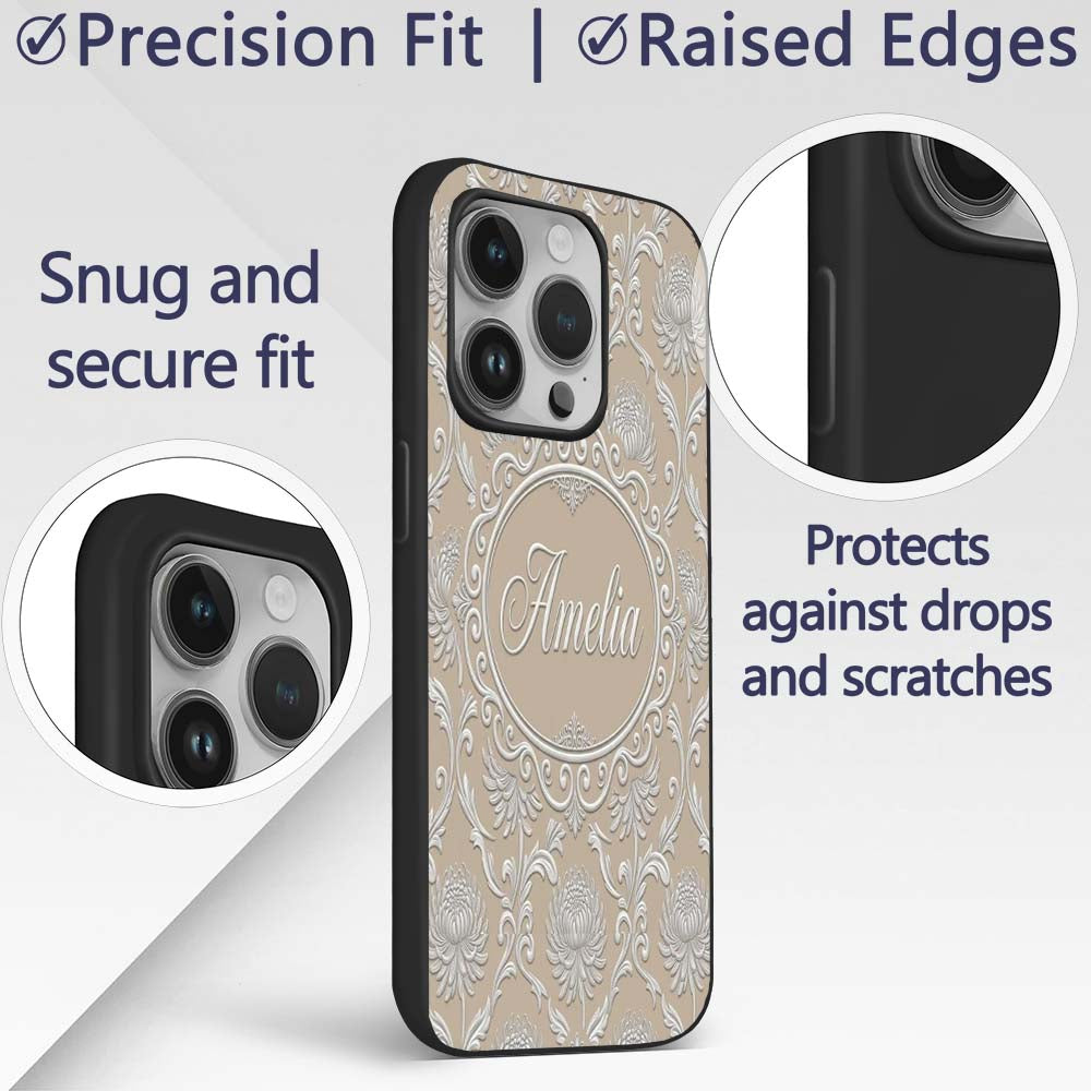 Gold Floral Ornament Pattern on Printed Design Custom Name Protective Phone Case Mobile Cover Durable Everyday Smartphone Shock Resistant