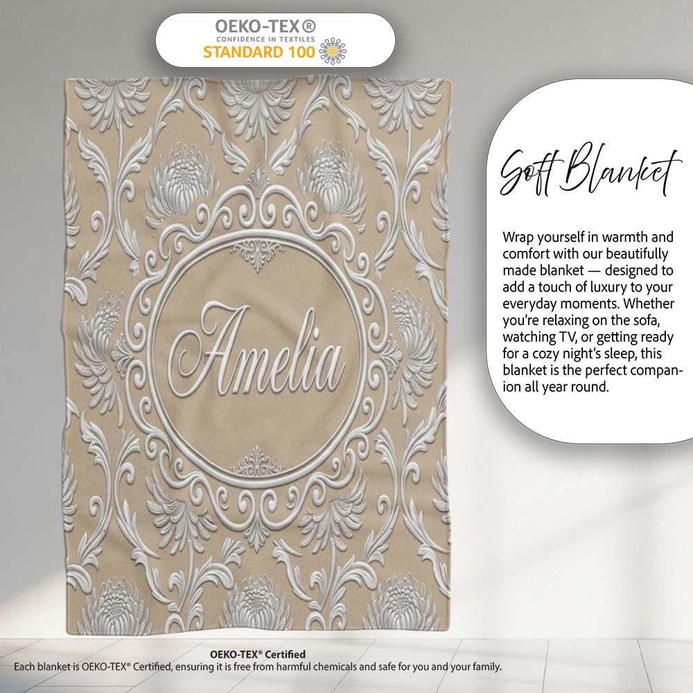 Gold Floral Ornament Pattern on Soft Grey Background Seamless  Personalised Custom Name Super Soft Fleece Blanket Bed Sofa Throw