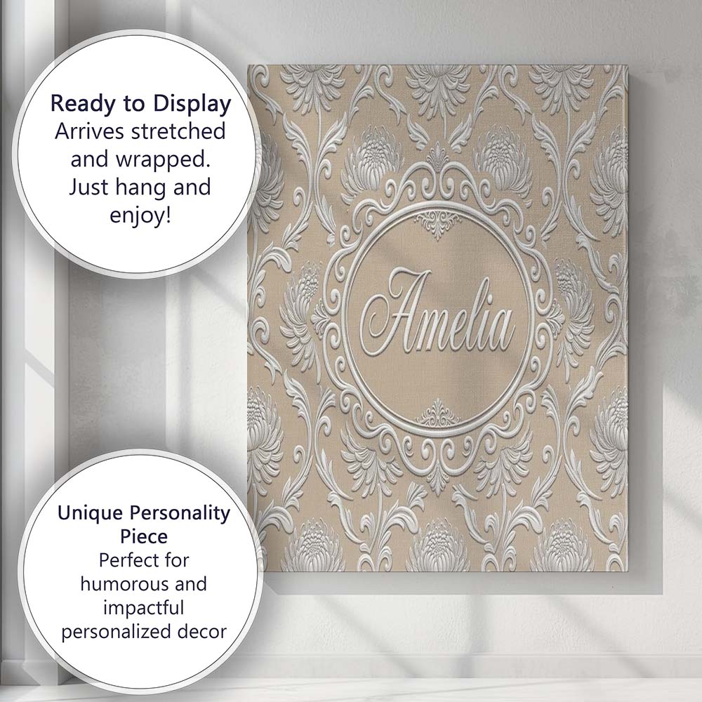 Personalised Name Gold Floral Ornament Custom  Modern Room Accent Elegant Feature Canvas Wall Art Print Decor Picture Ready to Hang