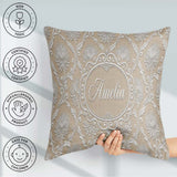 Custom Name Gold Floral Ornament Pattern on Soft Grey Background Square Filled Cushion Throw Pillow Sofa Bed Home Decor Zip Washable UK Made