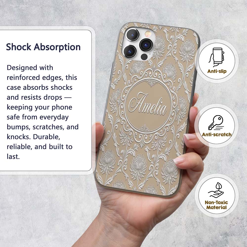 Gold Floral Ornament Pattern on Printed Design Custom Name Protective Phone Case Mobile Cover Durable Everyday Smartphone Shock Resistant