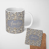 Personalized Custom Name Soft Beige Embossed Floral Pattern with Elegant Texture Seamless 11oz Ceramic Coffee Tea Mug White Large Handle