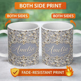 Personalized Custom Name Soft Beige Embossed Floral Pattern with Elegant Texture Seamless 11oz Ceramic Coffee Tea Mug White Large Handle