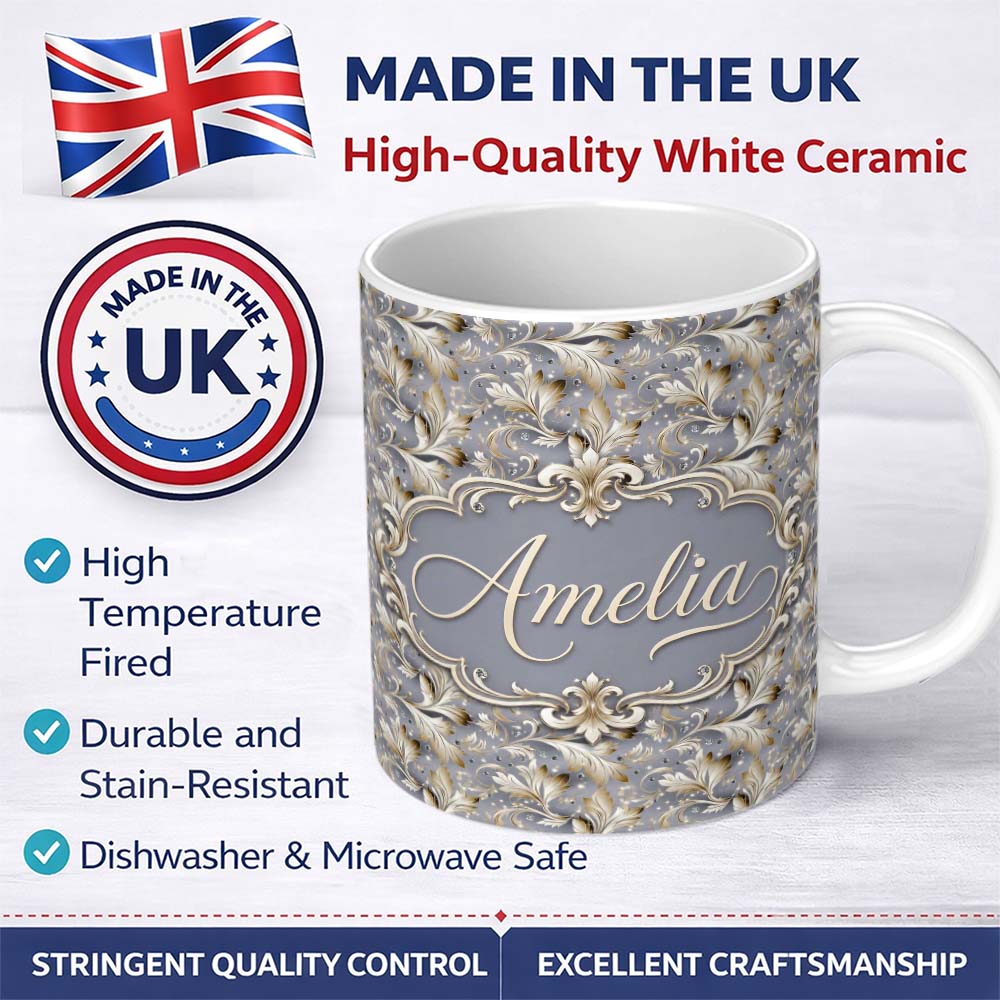 Personalized Custom Name Soft Beige Embossed Floral Pattern with Elegant Texture Seamless 11oz Ceramic Coffee Tea Mug White Large Handle