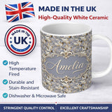 Personalized Custom Name Soft Beige Embossed Floral Pattern with Elegant Texture Seamless 11oz Ceramic Coffee Tea Mug White Large Handle