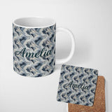 Personalized Custom Name Blue Grey Abstract Feather Swirl Pattern Seamless Modern Artistic 11oz Ceramic Coffee Tea Mug White Large Handle