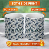 Personalized Custom Name Blue Grey Abstract Feather Swirl Pattern Seamless Modern Artistic 11oz Ceramic Coffee Tea Mug White Large Handle