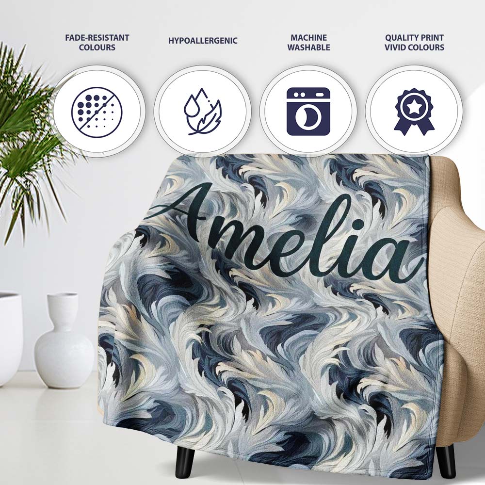 Blue Grey Abstract Feather Swirl Pattern Seamless Modern Artistic  Personalised Custom Name Super Soft Fleece Blanket Bed Sofa Throw