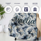 Blue Grey Abstract Feather Swirl Pattern Seamless Modern Artistic  Personalised Custom Name Super Soft Fleece Blanket Bed Sofa Throw