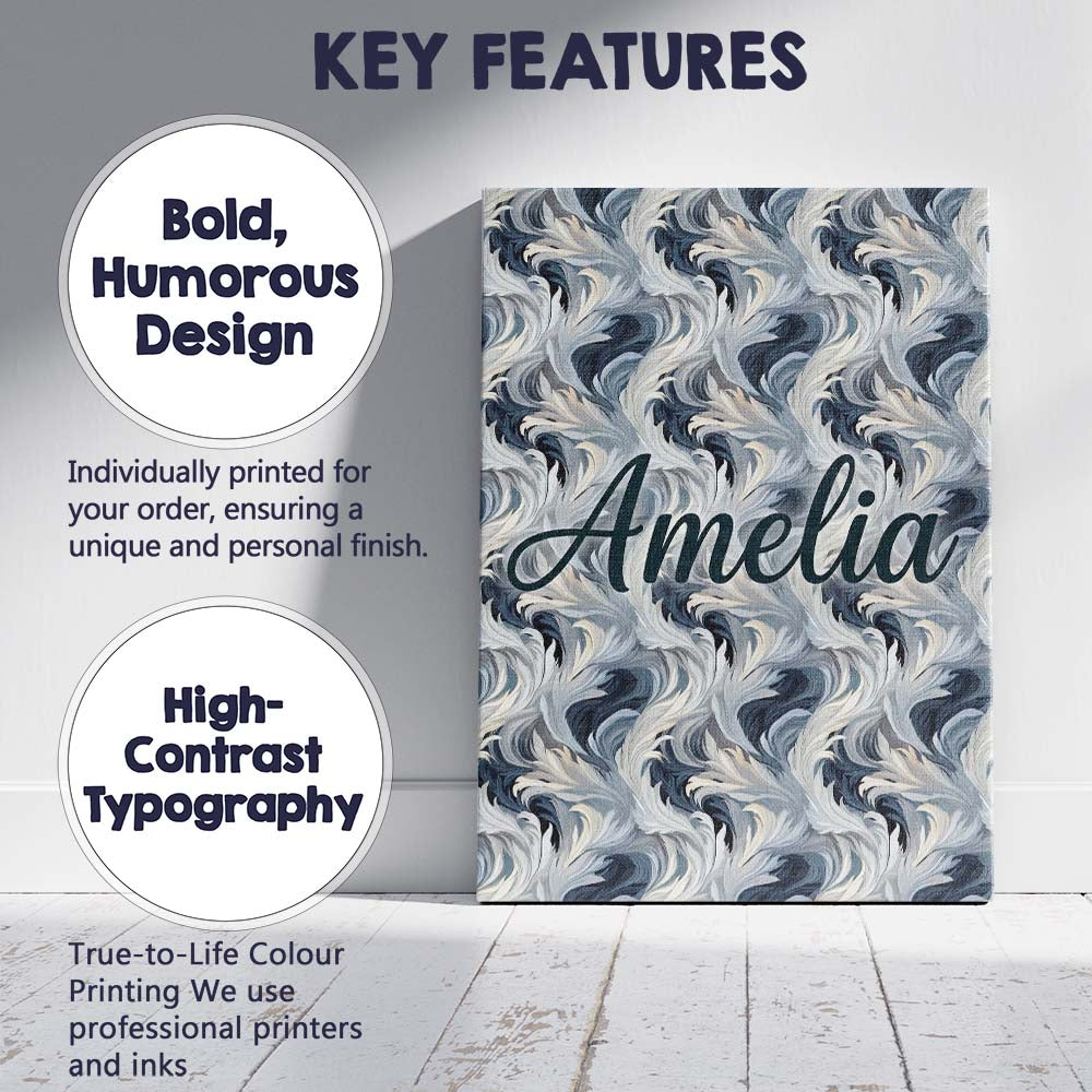 Personalised Name Blue Grey Abstract Custom Premium Decorative Design Modern Room Accent Canvas Wall Art Print Decor Picture Ready to Hang