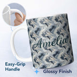 Personalized Custom Name Blue Grey Abstract Feather Swirl Pattern Seamless Modern Artistic 11oz Ceramic Coffee Tea Mug White Large Handle