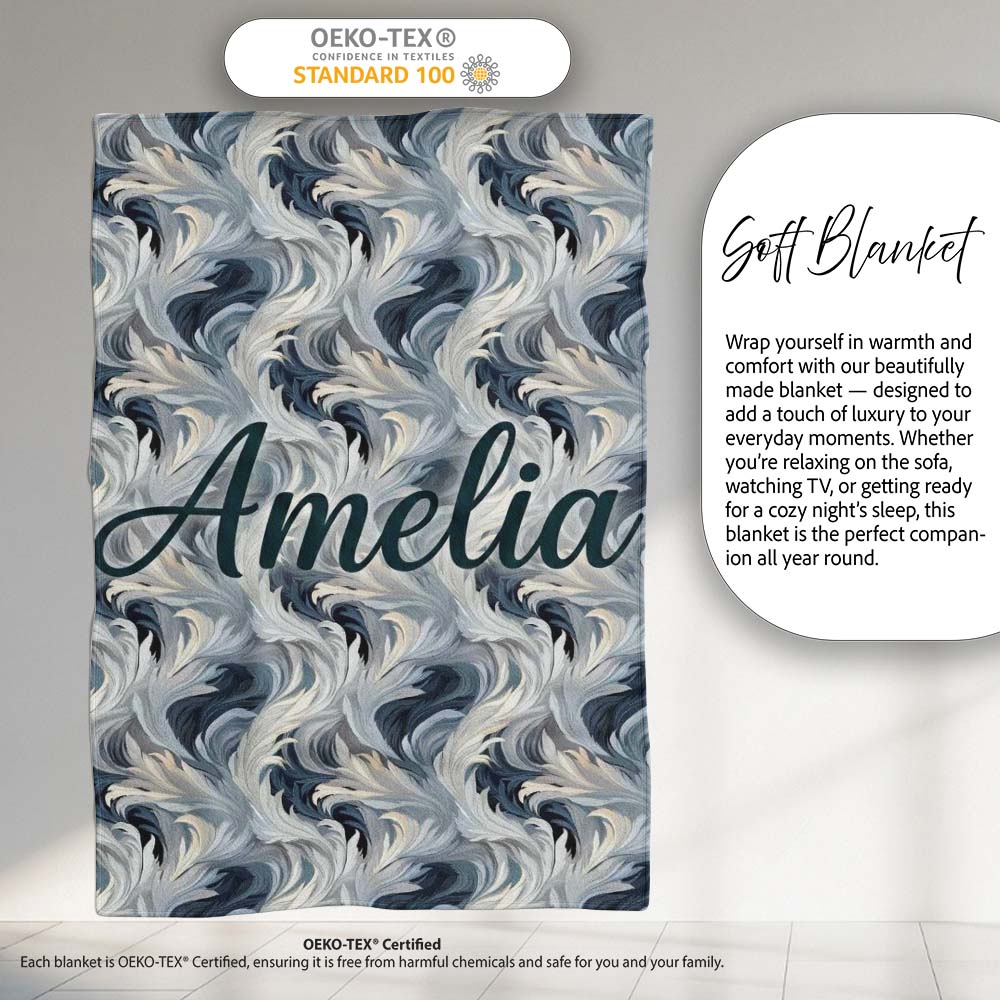 Blue Grey Abstract Feather Swirl Pattern Seamless Modern Artistic  Personalised Custom Name Super Soft Fleece Blanket Bed Sofa Throw