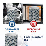 Personalized Custom Name Blue Grey Abstract Feather Swirl Pattern Seamless Modern Artistic 11oz Ceramic Coffee Tea Mug White Large Handle