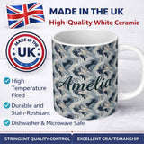 Personalized Custom Name Blue Grey Abstract Feather Swirl Pattern Seamless Modern Artistic 11oz Ceramic Coffee Tea Mug White Large Handle
