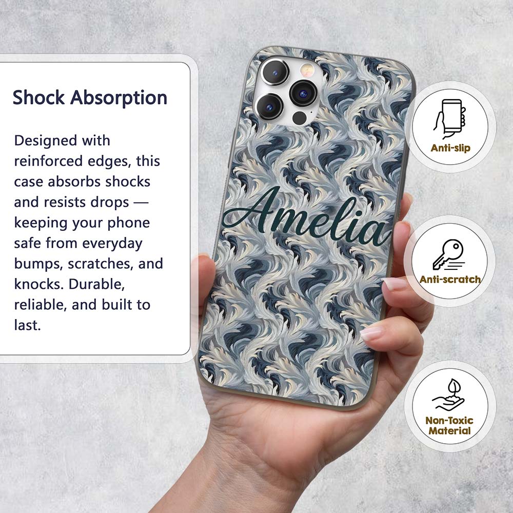 Blue Grey Abstract Feather Swirl Pattern Seamless Custom Name Protective Phone Case Mobile Cover Durable Everyday Smartphone Shock Resistant