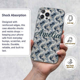 Blue Grey Abstract Feather Swirl Pattern Seamless Custom Name Protective Phone Case Mobile Cover Durable Everyday Smartphone Shock Resistant
