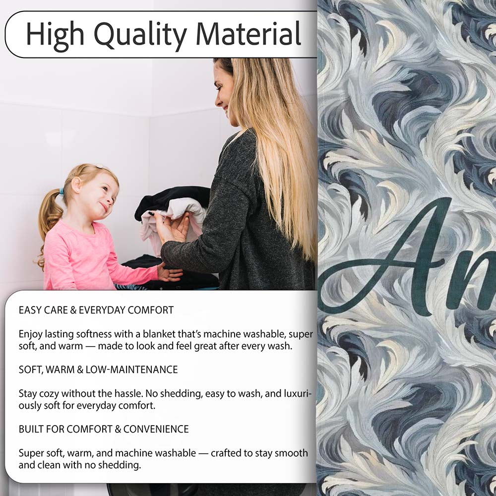 Blue Grey Abstract Feather Swirl Pattern Seamless Modern Artistic  Personalised Custom Name Super Soft Fleece Blanket Bed Sofa Throw