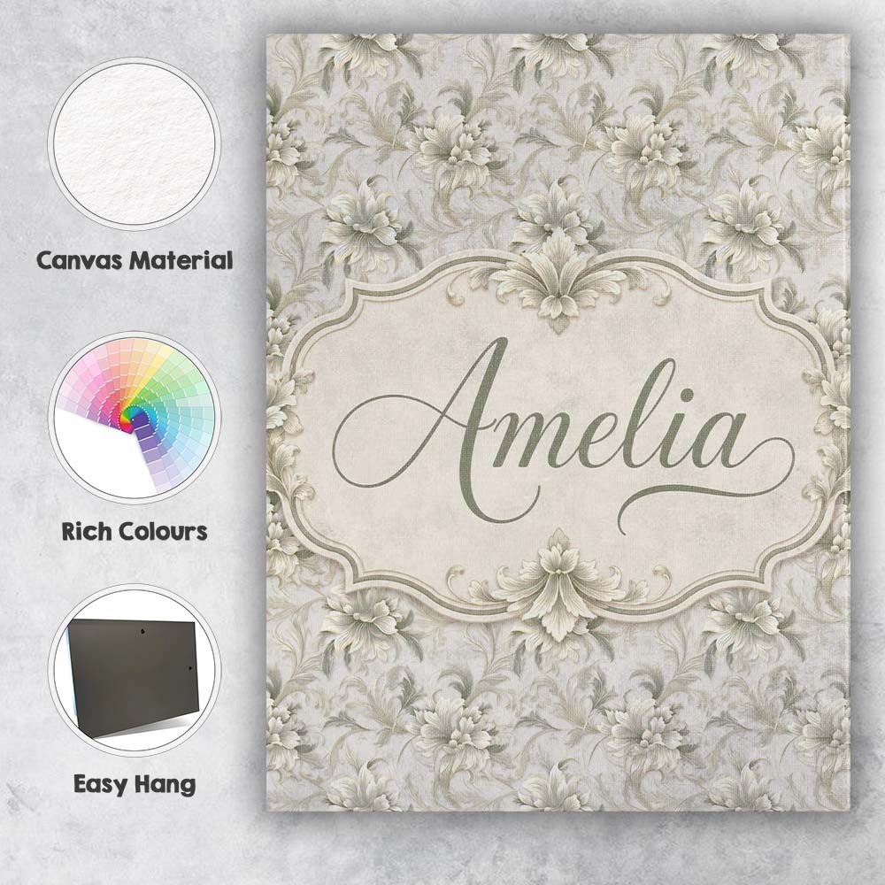 Personalised Name Elegant Beige Floral Custom  Unique Gift Idea Modern Room Accent Canvas Wall Art Print Decor Picture Ready to Hang