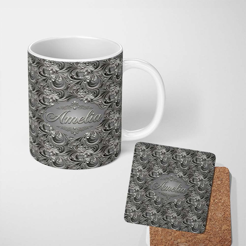 Personalized Custom Name Silver Metallic Ornamental Floral Swirl Seamless Pattern Name Cute 11oz Ceramic Coffee Tea Mug White Large Handle