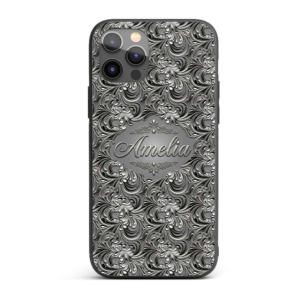 Silver Metallic Ornamental Floral Swirl Seamless Custom Name Protective Phone Case Mobile Cover Durable Everyday Smartphone Shock Resistant