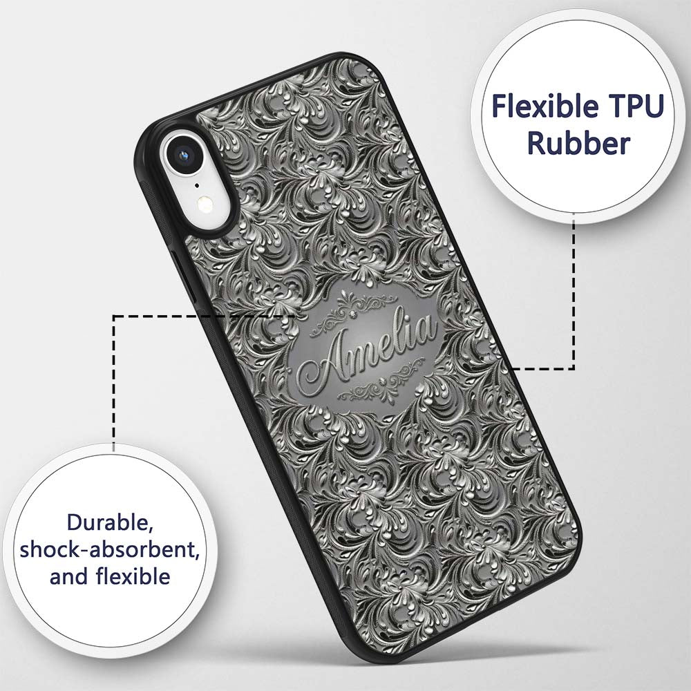 Silver Metallic Ornamental Floral Swirl Seamless Custom Name Protective Phone Case Mobile Cover Durable Everyday Smartphone Shock Resistant