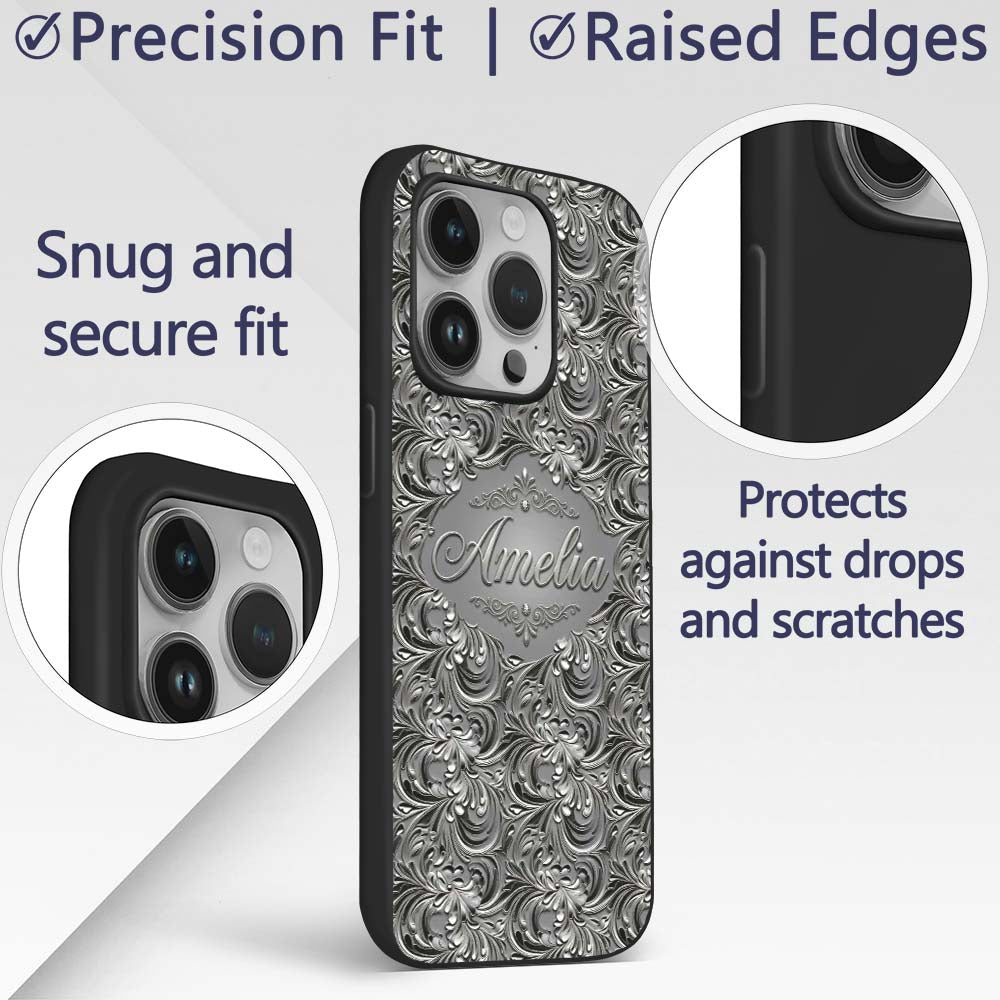 Silver Metallic Ornamental Floral Swirl Seamless Custom Name Protective Phone Case Mobile Cover Durable Everyday Smartphone Shock Resistant