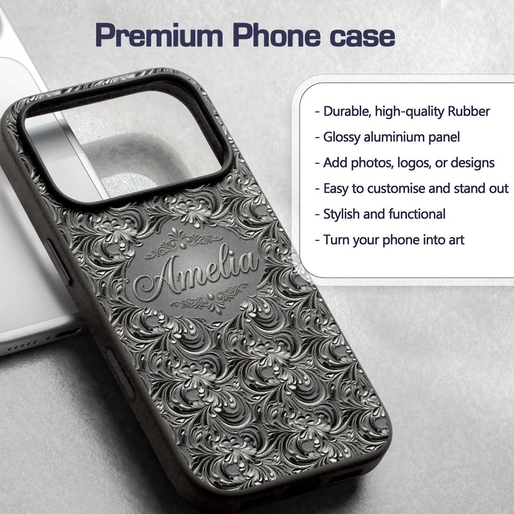 Silver Metallic Ornamental Floral Swirl Seamless Custom Name Protective Phone Case Mobile Cover Durable Everyday Smartphone Shock Resistant