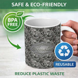 Personalized Custom Name Silver Metallic Ornamental Floral Swirl Seamless Pattern Name Cute 11oz Ceramic Coffee Tea Mug White Large Handle