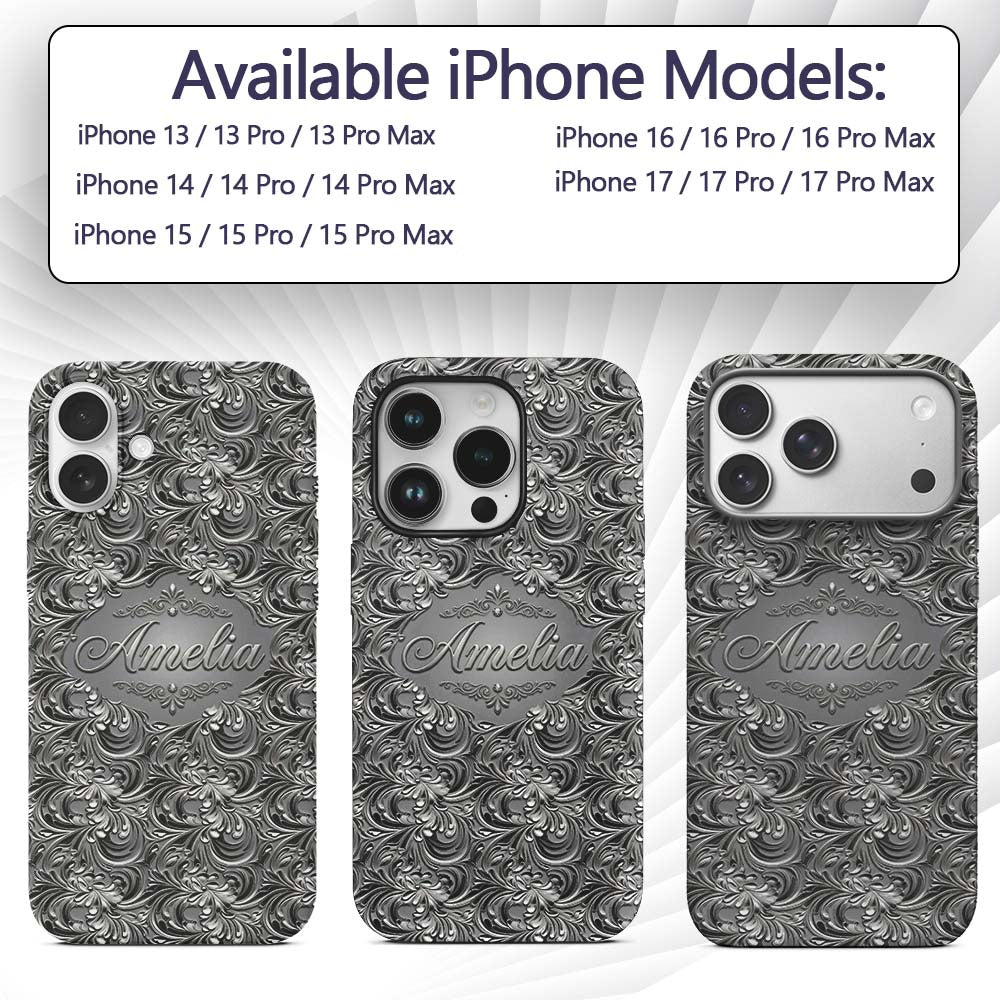 Silver Metallic Ornamental Floral Swirl Seamless Custom Name Protective Phone Case Mobile Cover Durable Everyday Smartphone Shock Resistant