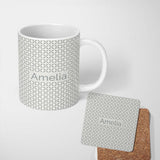 Personalized Custom Name Soft Grey Geometric Circle Tile Seamless Pattern Name Cute Unique 11oz Ceramic Coffee Tea Mug White Large Handle