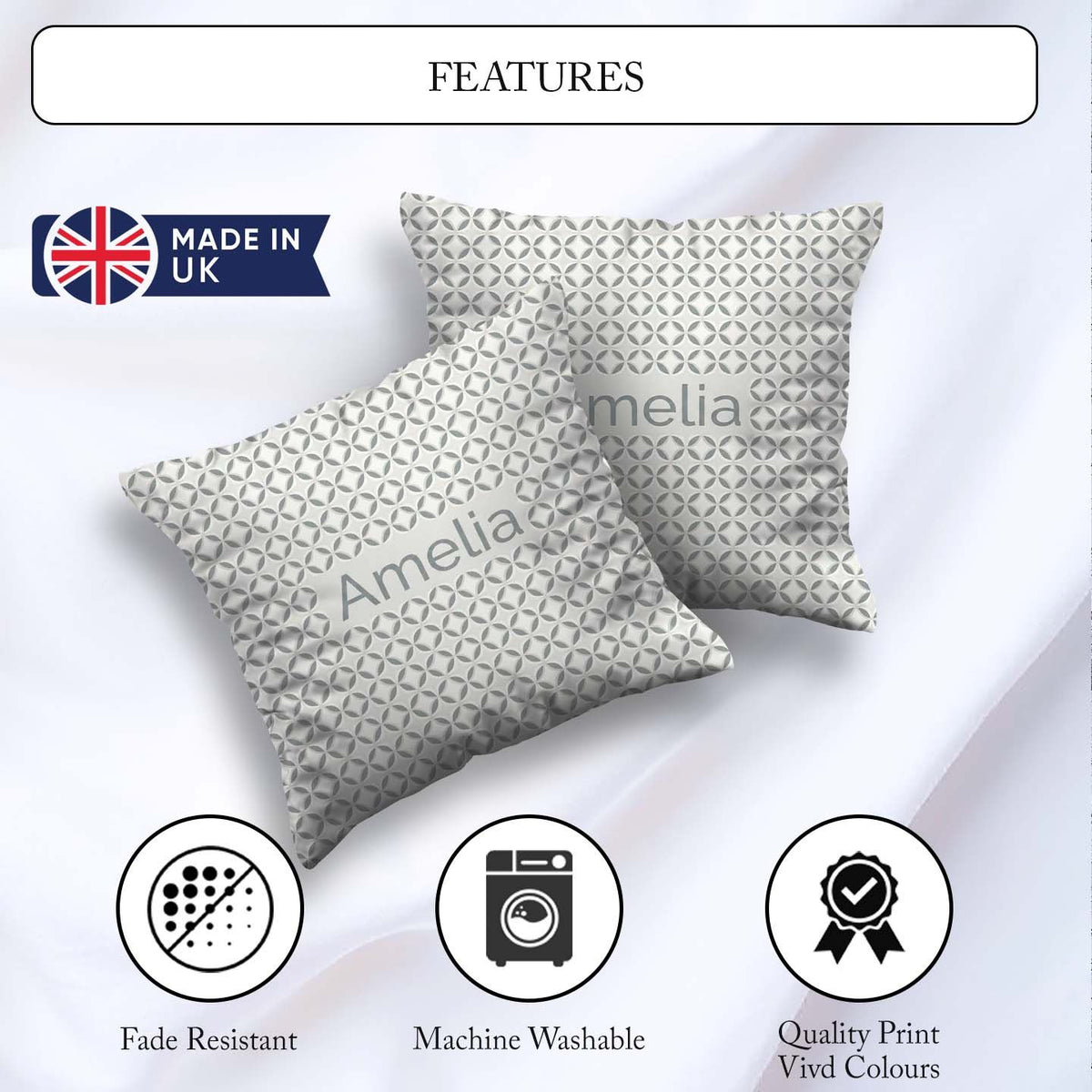 Custom Name Soft Grey Geometric Tile Seamless Pattern Name Cute Square Filled Cushion Throw Pillow Sofa Bed Home Decor Zip Washable UK Made