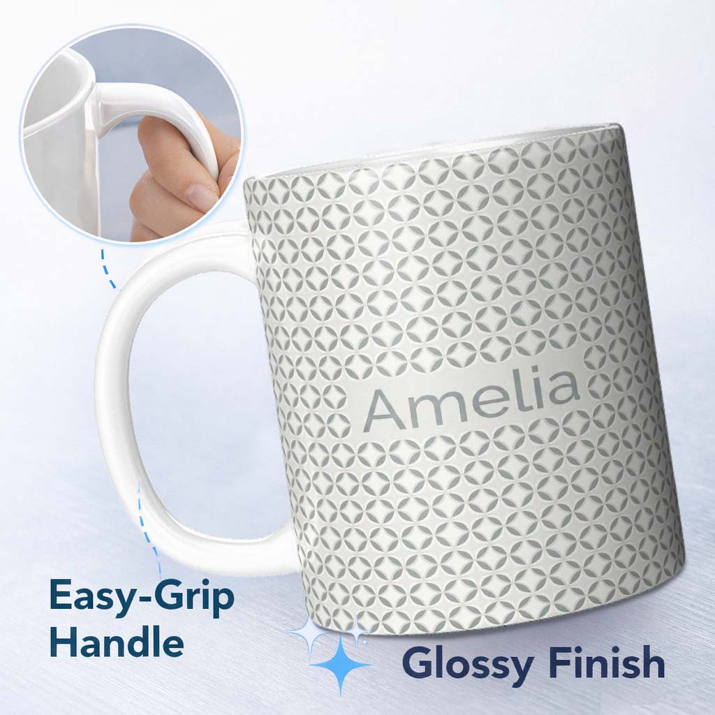 Personalized Custom Name Soft Grey Geometric Circle Tile Seamless Pattern Name Cute Unique 11oz Ceramic Coffee Tea Mug White Large Handle