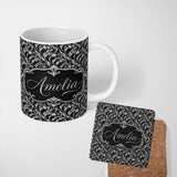 Personalized Custom Name Black Silver Metallic Wave Abstract Seamless Pattern Name Cute 11oz Ceramic Coffee Tea Mug White Large Handle