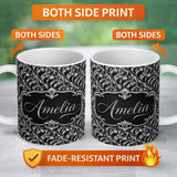 Personalized Custom Name Black Silver Metallic Wave Abstract Seamless Pattern Name Cute 11oz Ceramic Coffee Tea Mug White Large Handle