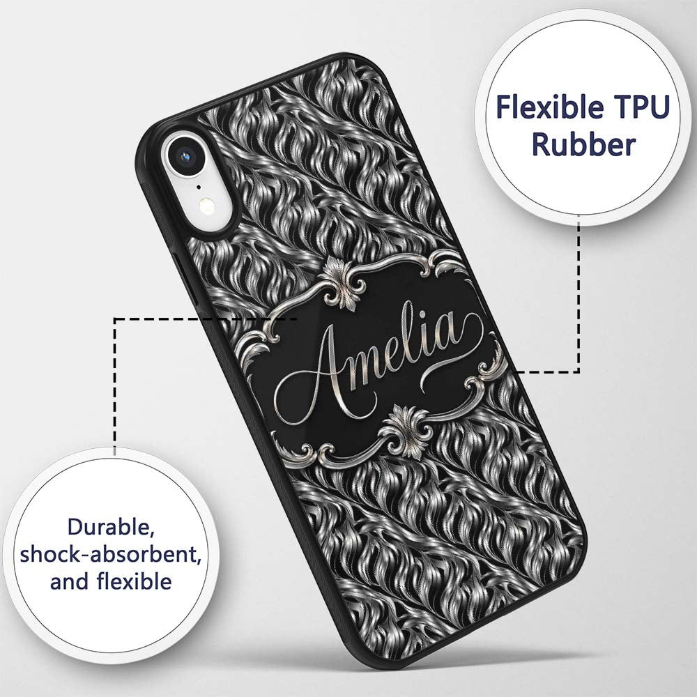 Black Silver Metallic Wave Abstract Seamless Custom Name Protective Phone Case Mobile Cover Durable Everyday Smartphone Shock Resistant